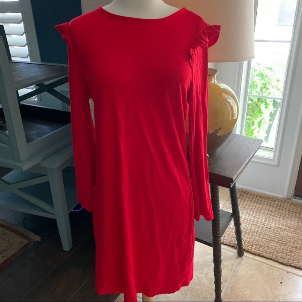 Old Navy Red Knit Dress 3/4 Sleeves Ruffle Shoulders XL.